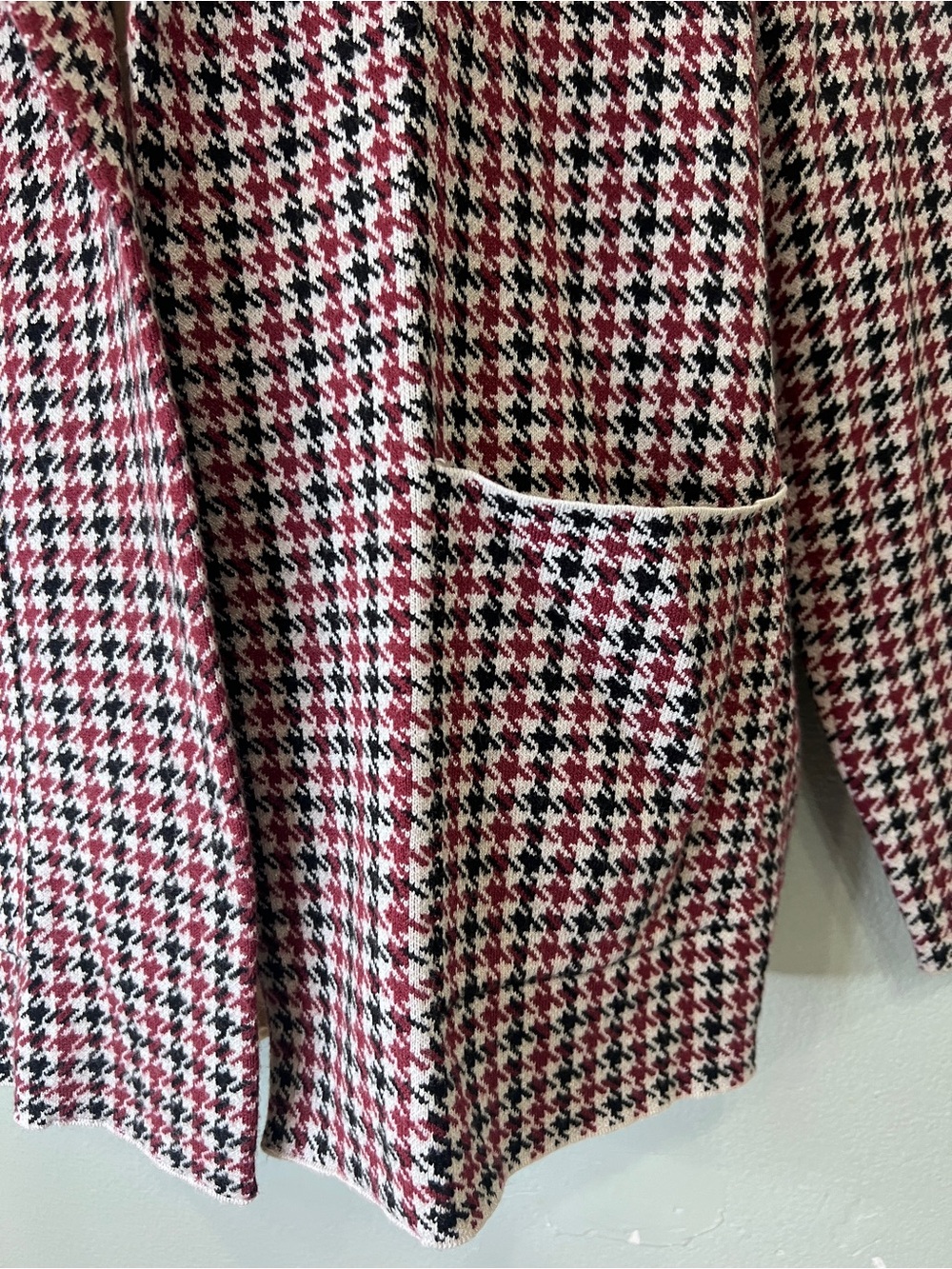 Sincerely Jules Women’s L Houndstooth Knit Blazer Burgundy Black Open Front - Picture 3 of 10